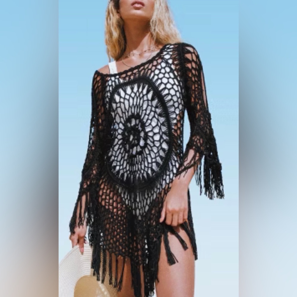 Cupshe Black Crochet Fringe Swim Coverup- One Size